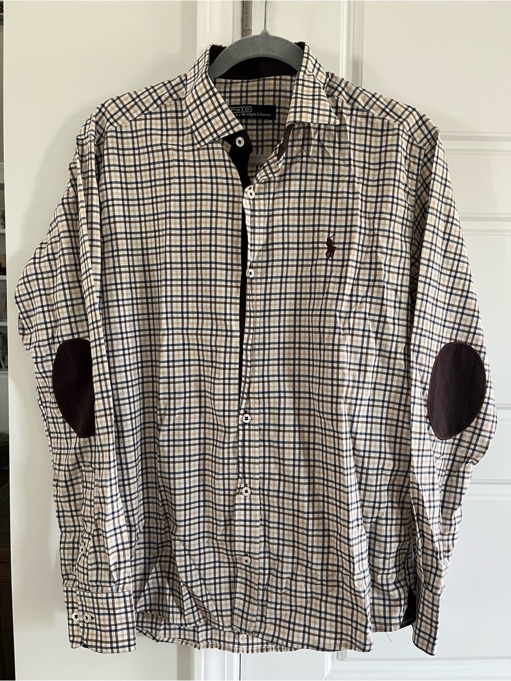 Men's Plaid Button-Up Shirt with Elbow Patches - Cream & Brown